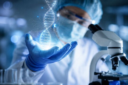 AI generated scientist examining holographic DNA microscope representing genetic research biotechnology precision medicine biomedical innovation scientific discovery