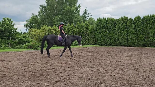 Horse riding practice in a training arena with a rider on a black horse