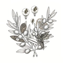 Botanical illustration of white and purple irises with buds and leaves. © Radit