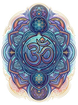 Intricate om mandala with sacred geometry and spiritual symbols