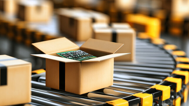 Small green semiconductor chip inside open cardboard box on curved conveyor belt
