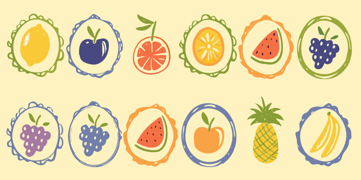Fruit illustrations with decorative borders colorful vector design
