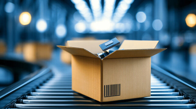 Small green semiconductor chip inside open cardboard box on curved conveyor belt
