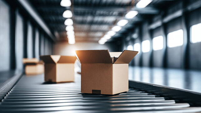 Small green semiconductor chip inside open cardboard box on curved conveyor belt
