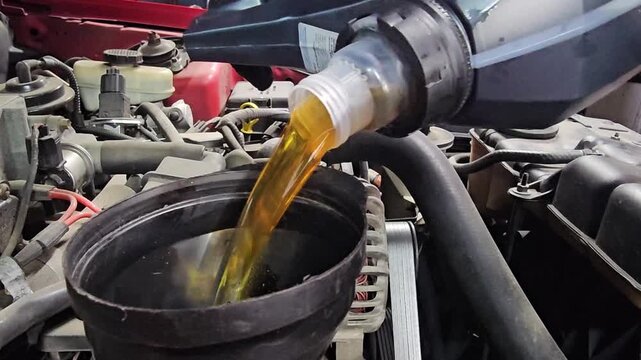 Pouring engine oil during a car maintenance task in a garage setting
