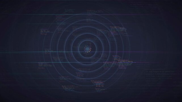 Abstract Digital Data Stream with Concentric Circles and Scrolling Computer Code on Dark Background