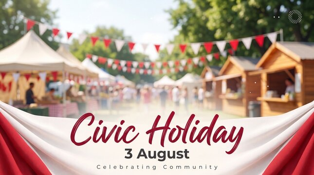 Civic holiday celebration banner with red and white flags festive bunting outdoor market stalls and community gathering under sunny summer sky with displays vibrant celebration white drapery script