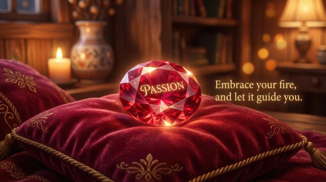 Symbolic ruby gem engraved with the word PASSION resting on a plush velvet pillow, inspiring motivation and inner fire.