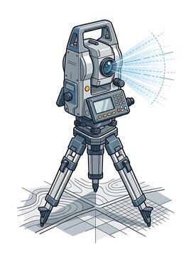 Modern electronic total station on tripod for land measurement