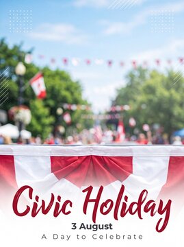 Civic holiday august third celebration banner design with red and white decorations and blurred outdoor festival background with overlay against blurred festive graphic layout draped banner text
