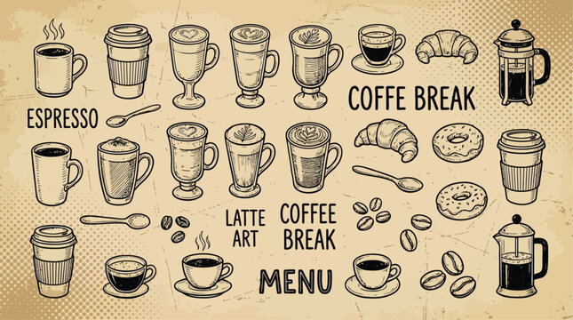 Whimsical hand cafe doodles featuring artistic coffee cups latte espresso and charming morning breakfast elements in a quirky sketched style for a creative break.