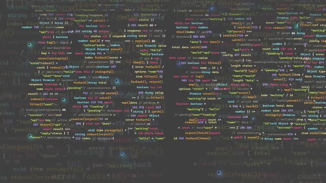 Abstract digital background with scrolling computer code and colorful syntax highlighting on dark screen