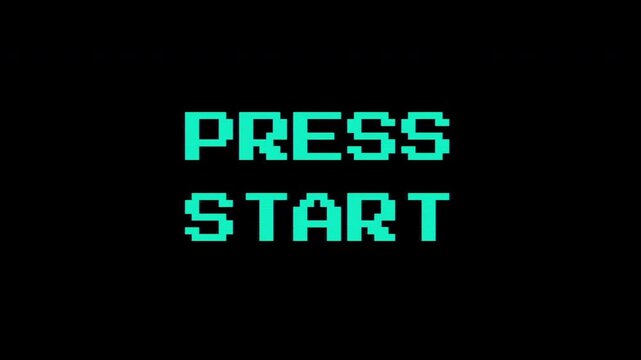 Retro 8bit Press Start Arcade Animation. Cyan pixelated text on black background for classic gaming intro.