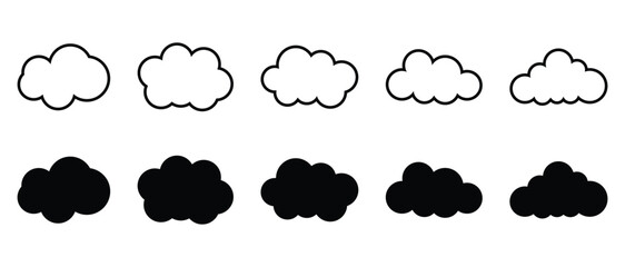 Obraz premium Set of ten simple flat cloud icons in black and white silhouette