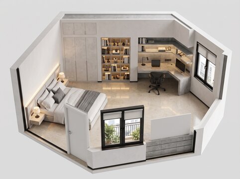 Isometric 3D cutaway of a minimalist bedroom apartment layout. Modern studio interior design with an open door, a balcony window with plants, a bed, wardrobe, bookshelf, and home office corner desk.