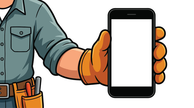 Professional bricklayer wearing protective work gloves holding a smartphone with a blank display screen mockup for mobile application interface on a construction site background.