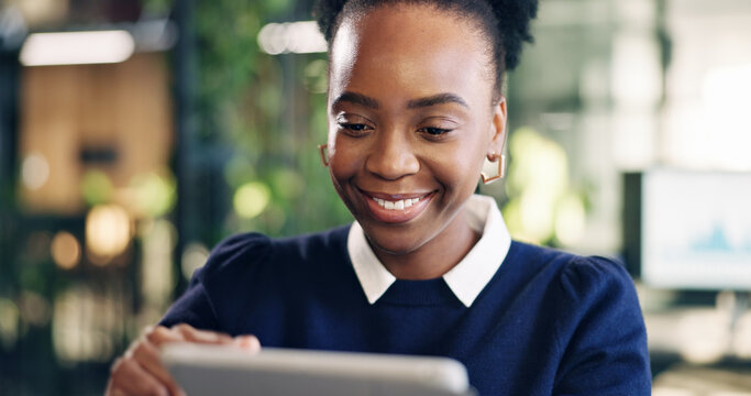 Finance, businesswoman and smile in office with tablet, bookkeeping admin and scroll for audit report. Bokeh, black person and happy in workplace with tech, review financial statement and accounting.