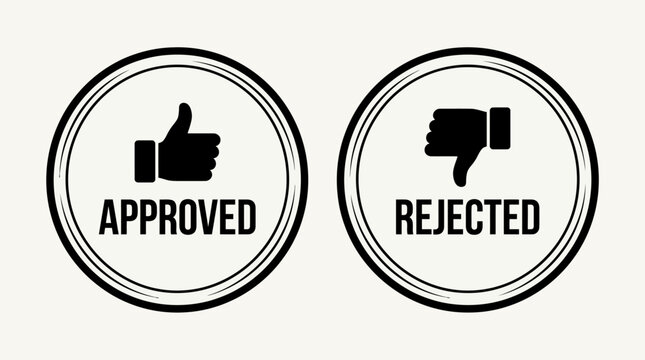 Approval rejection icons, thumbs‑up and thumbs‑down symbols, circular design, decision‑making process, evaluation graphic, acceptance versus denial representation.