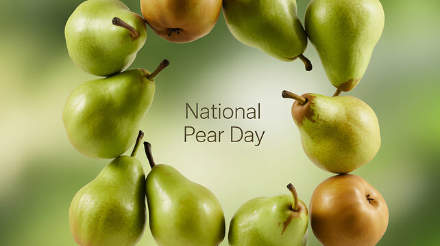 National Pear Day celebration with fresh green and brown pears arranged in a circular pattern against a blurred green background.