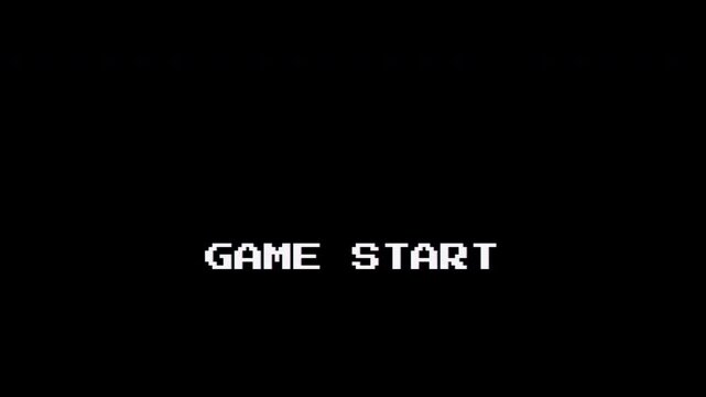 Retro 8bit Game Start Screen with Flickering White Pixel Typography on Black Background
