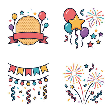 Colorful festive celebration icons with balloons, fireworks, and decorations.