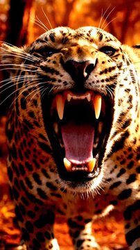 Aggressive leopard roaring in the wild forest at golden hour sunlight