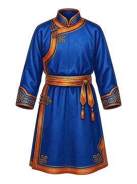 Traditional central asian blue robe with orange embroidery and sash