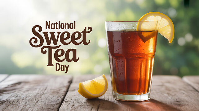 A glass of sweet tea with lemon garnish on a wooden table, celebrating National Sweet Tea Day