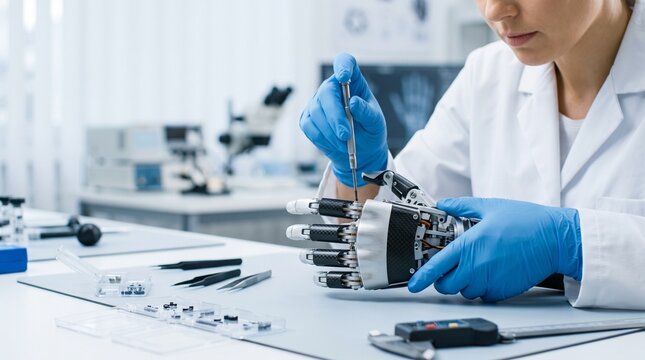 Biomedical engineer assembling a modern prosthetic hand in a clean medical laboratory.