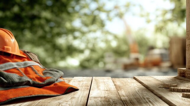 Bright orange construction helmet and safety vest on wooden table with blurred construction site background, symbolizing safety and hard work in the industry