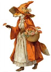 Fototapeta premium Vintage fox in autumn dress with flower basket