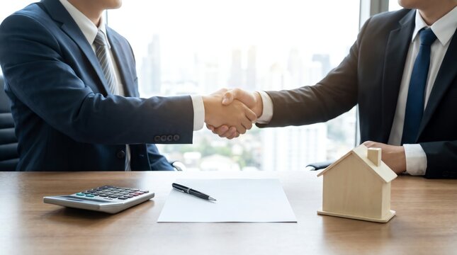 Businessmen shaking hands over a signed contract with house model and calculator on wooden desk