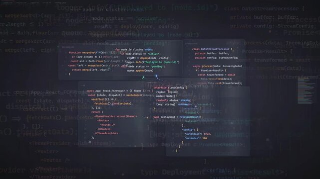 Abstract digital screen with scrolling computer code and data processing for software development concept