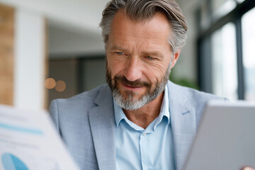 Fototapeta premium Focused man smiles while reviewing financial charts on tablet. He wears light blue shirt and gray blazer. Modern office setting with soft natural lighting