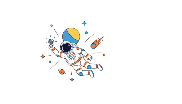 Cute cartoon astronaut floating in white outer space surrounded by colorful planets, meteorites, stars and cosmic sparkles.
