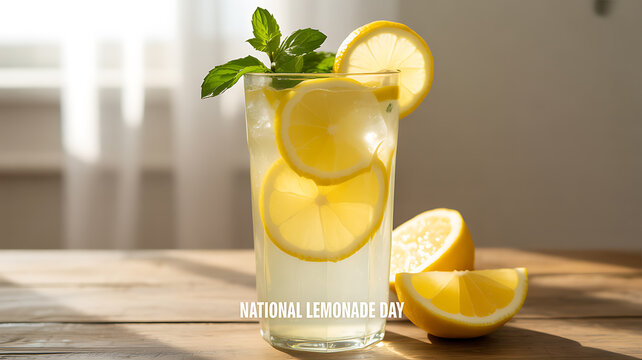 A refreshing glass of lemonade garnished with lemon slices and mint, served on a wooden table with natural light.