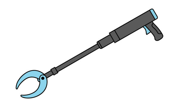 Black telescoping snake tong tool for herpetology handling on a white background, animal rescue and wildlife research concept
