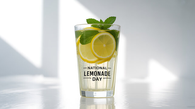 A glass of lemonade with lemon slices and mint leaves, featuring text 'National Lemonade Day' on a bright, minimalist background.