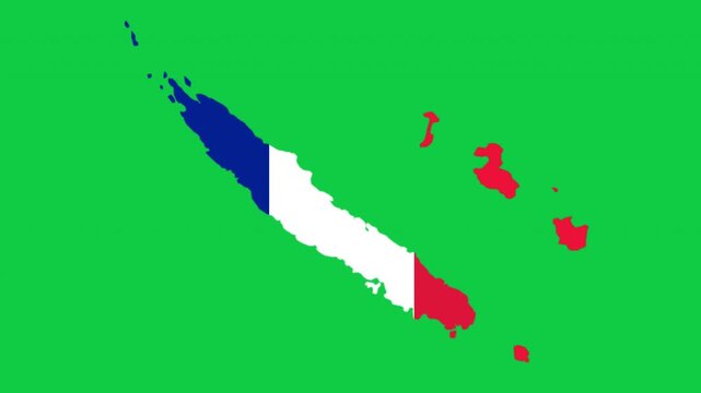 New Caledonia map pop animation with flag colors and green background