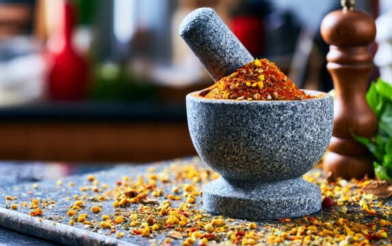 Traditional Granite Spice Grinding Mill with Colorful Spices in a Modern Kitchen Setting