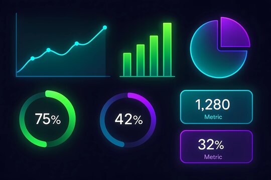Futuristic neon infographic data dashboard with charts and graphs