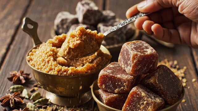 Jaggery With Star Anise and Cardamom. Suitable for organic sweetener content, traditional cooking videos, and Ayurvedic ingredient footage.