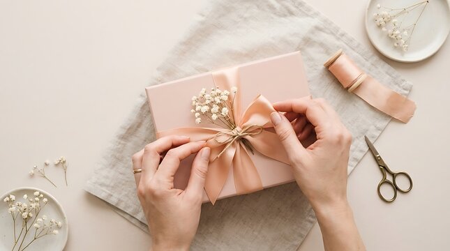 Hands decorating pink gift box with satin ribbon and baby's breath flowers flat lay