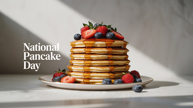 Stack of pancakes topped with berries and syrup on a plate, celebrating National Pancake Day
