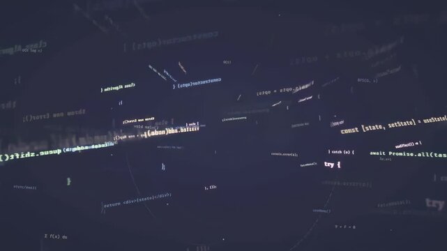 Abstract digital data stream with floating computer code and programming syntax on dark background
