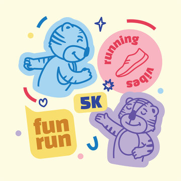 Fun Run and Jogging Tiger Sticker Set, Playful Fitness and Healthy Lifestyle Illustration.