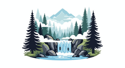 Scenic waterfall flowing through pine forest with mountain backdrop © galu