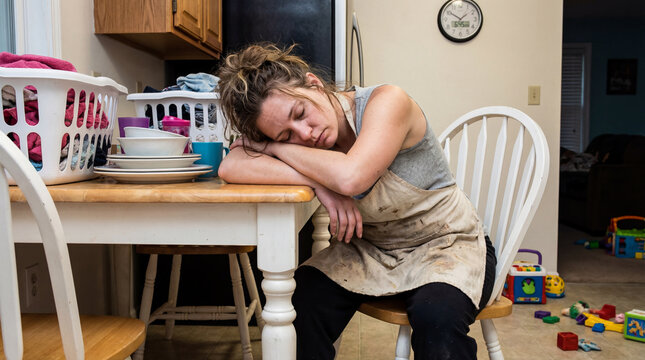 Exhausted housewife resting at kitchen table after chores in messy home