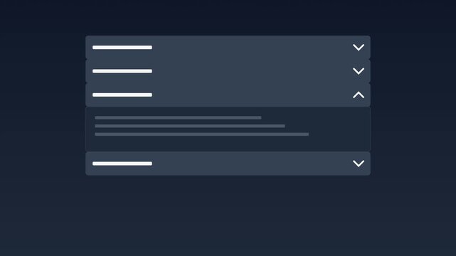Animated ui dropdown menu interface with expanding accordion list and interactive navigation arrows animation 4k