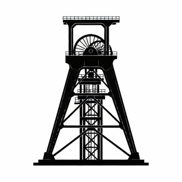 Black and white illustration of a mining headframe structure.